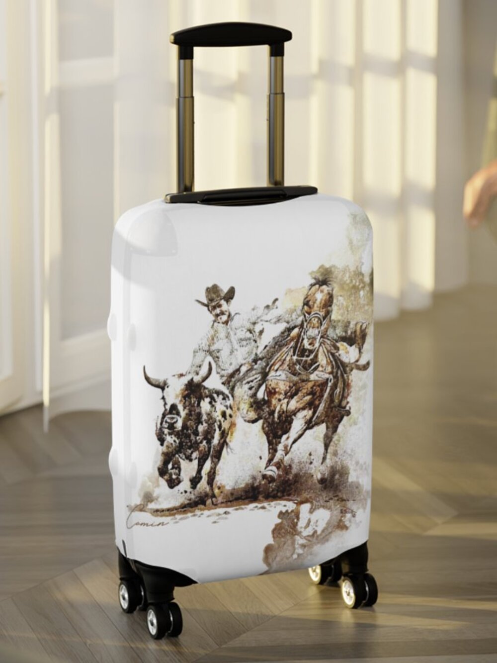 Steer Wrestling Western Artist Carry On Luggage Cover, Rodeo Bulldogging Gift